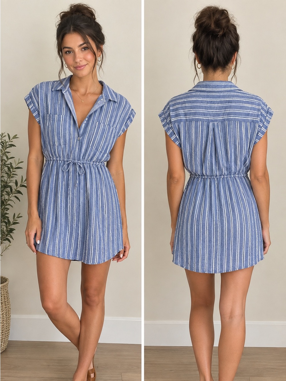 Japna 100% Cotton Striped Short Sleeve Drawstring Mini Dress
